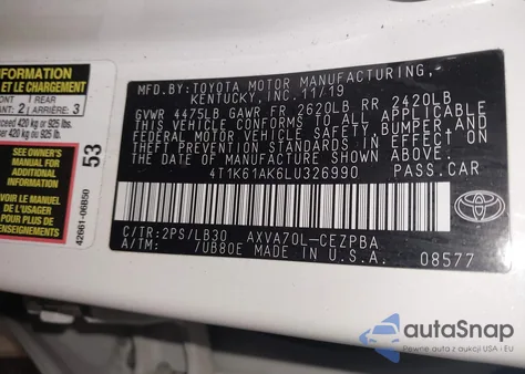 2020 Toyota Camry Xse z USA, uszkodzony, nr VIN 4T1K61AK6LU326990